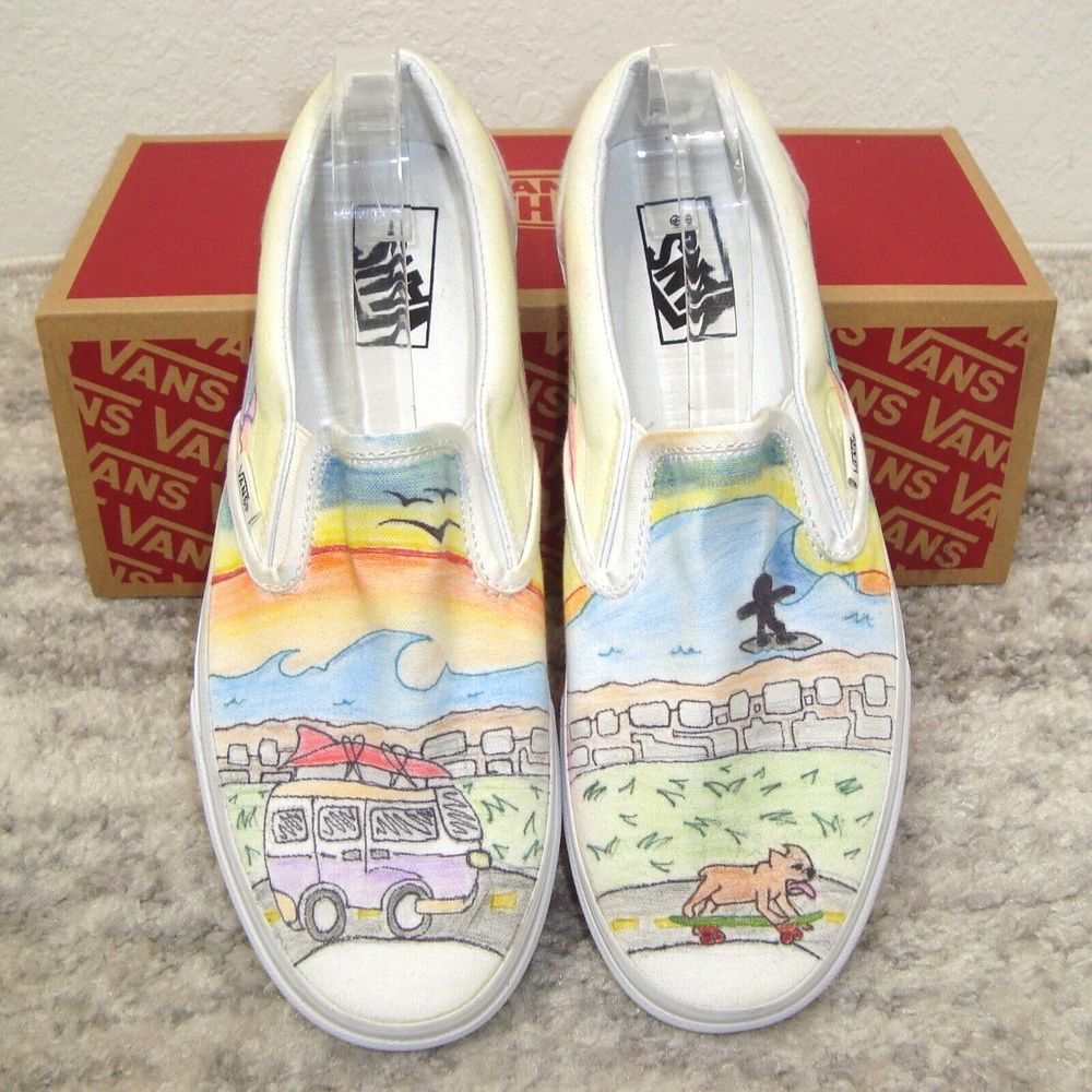 NWOT VANS Custom Unisex Beach Surfer Van Sunset Skateboard SlipOn Shoes M9/W10.5
